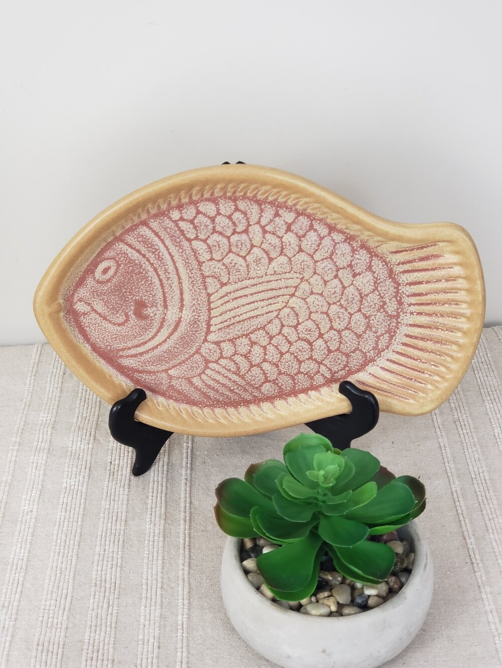 Vintage Fish Shaped Serving Platter Drip Glaze Stoneware